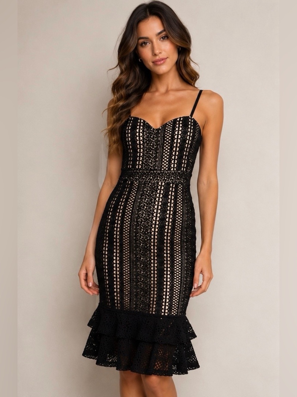 Black Lace Midi Dress with Ruffle Hem